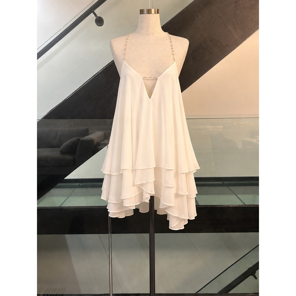 NBD Kalika Mini Dress Ivory Cream Tiered Ruffle Rose Quartz Halter XS